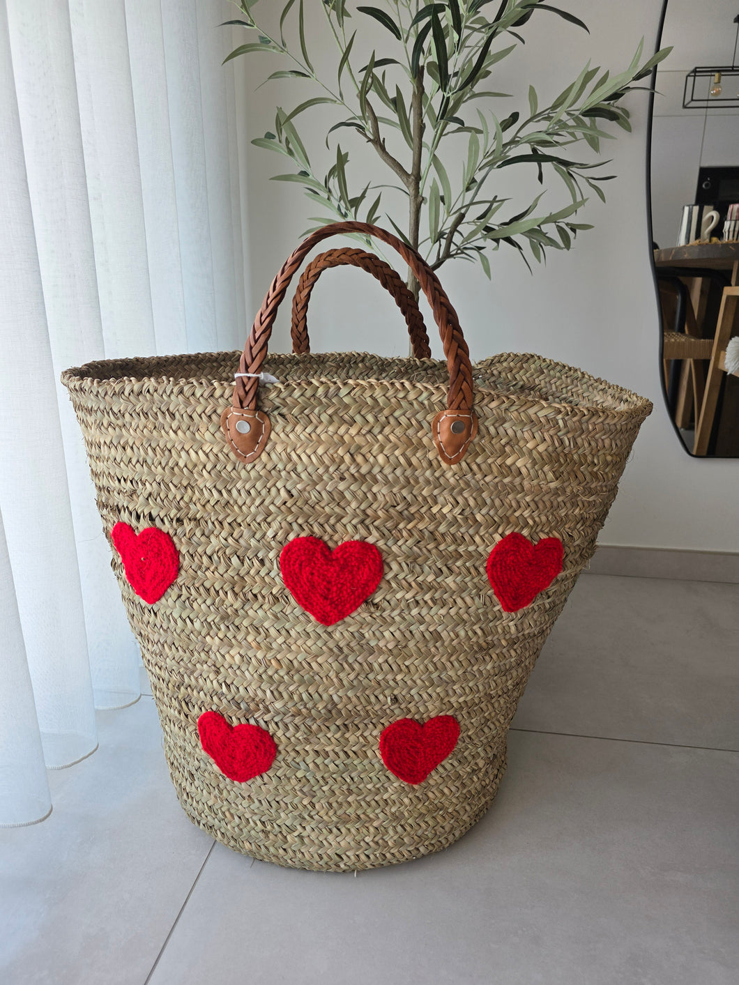 Panier cœur brodé & anses cuir