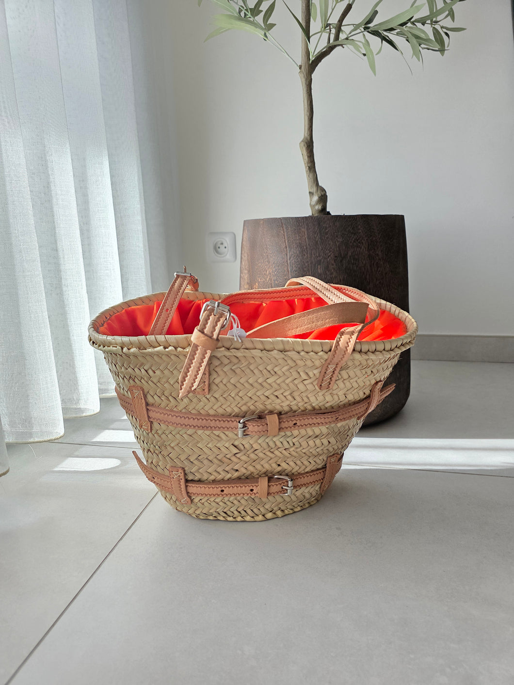 🍊 Panier doublé orange – Anses longues en cuir
